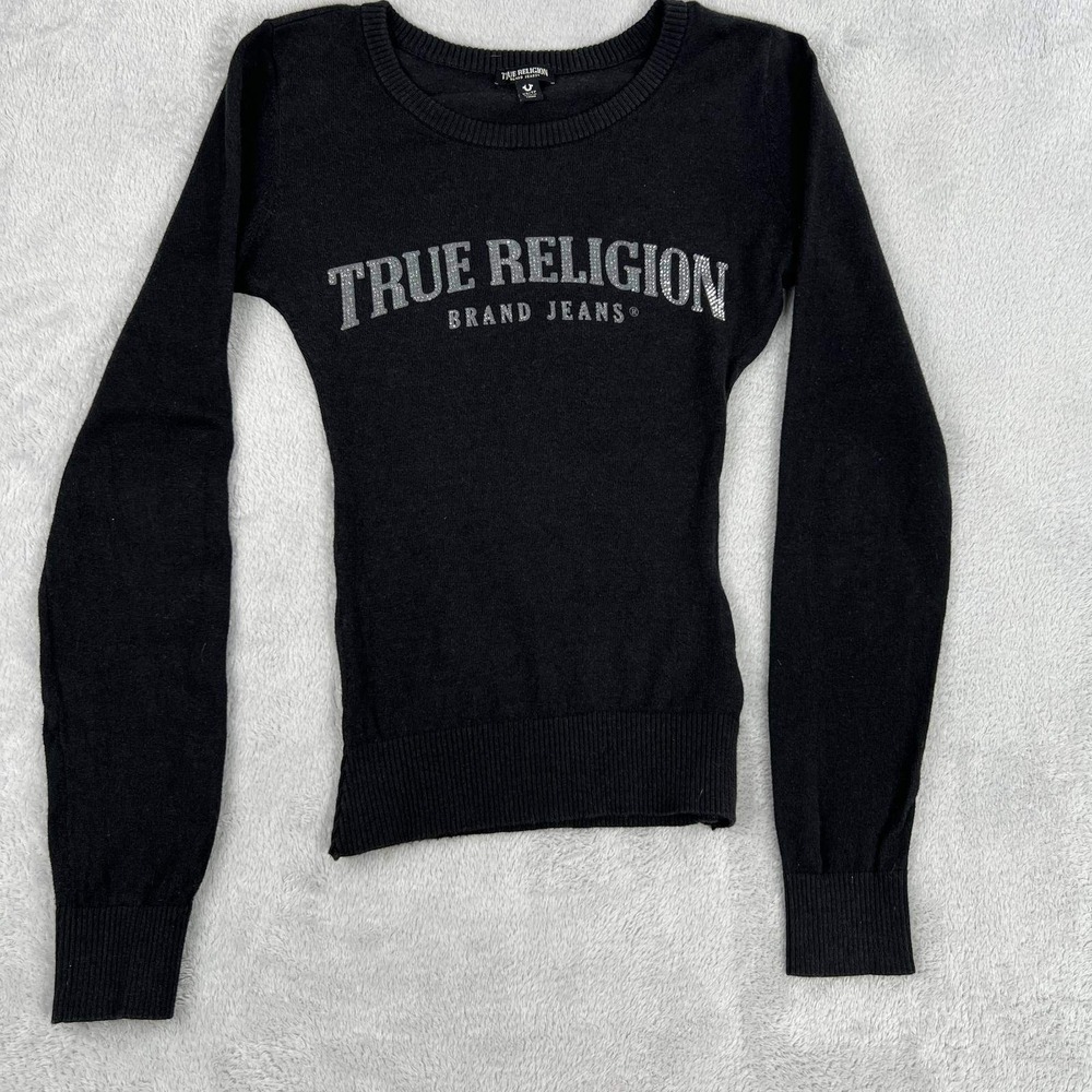 True Religion Rhinestone Logo Sweater XS Black Womens Y2K Ribbed Crew Neck Knit